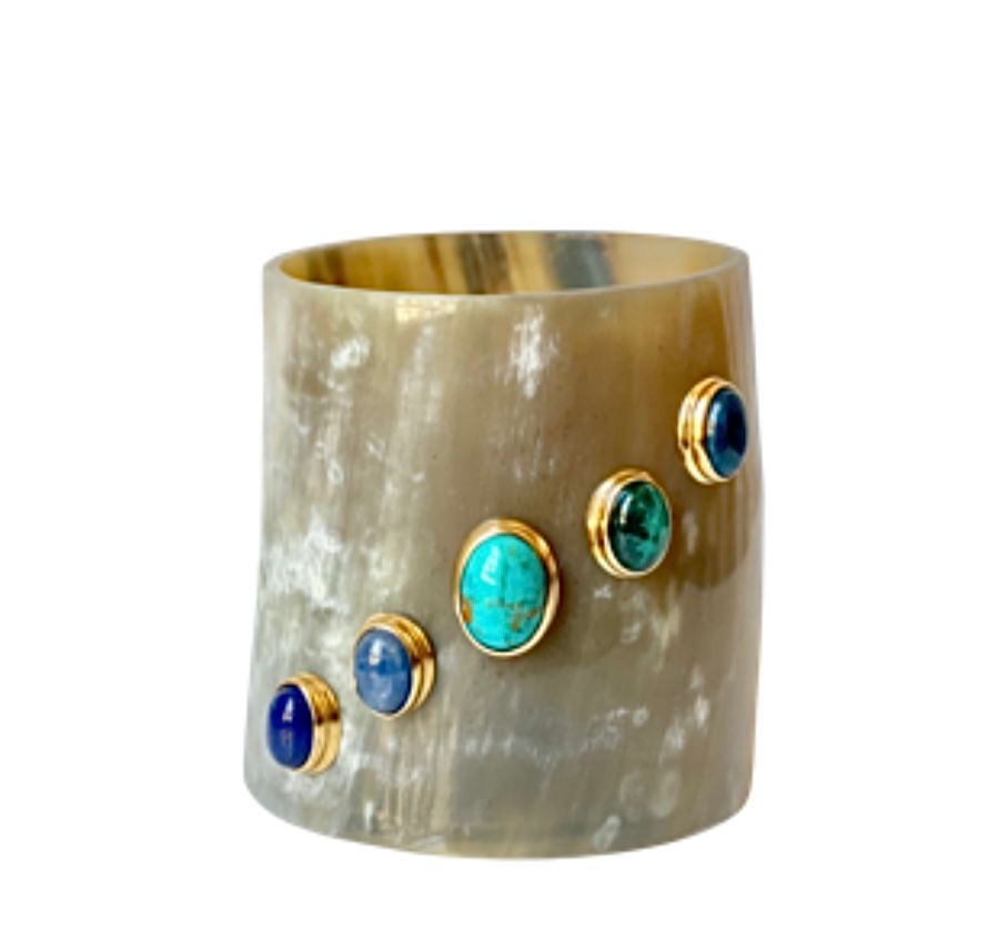 Horn pot with Turquoise, Cyanite, Lapis, Apatite, Chrysocolle